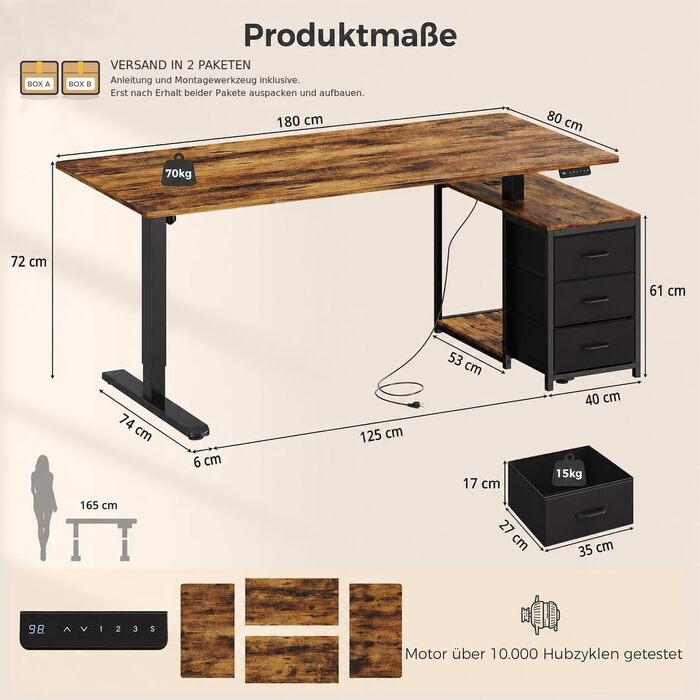 Регульований по висоті письмовий стіл IRONCK 180x80 см з розеткою та 3 шухлядами, 18011680 см