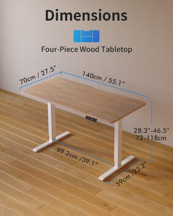 Стіл FEZIBO з регульованою висотою та портами зарядки USB-A та USB-C, 140 x 70 см, Електрично регульований стіл з висотою, Ергономічний стіл для домашнього офісу з можливістю роботи сидячи та стоячи, Стіл для роботи стоячи, Дуб, 140 x 70 см