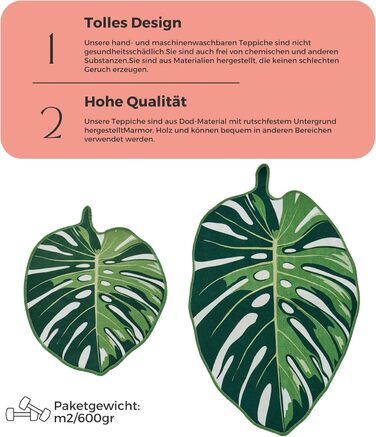 Килимок для ванної кімнати зеленого кольору з візерунком монстера комплект із 2 предметів, нековзний килимок для ванної, що миється, підходить для робота-пилососа, зелений килимок для ванної, килимок для ванної (з відворотом, 60 x 100 см - 50 x 60 см) зел