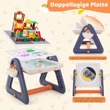 Дитячий столик GOPLUS зі стільцем, дитячий мольберт з двосторонньою стільницею та дошкою, 2 коробки для зберігання, 160 будівельних блоків, ігровий столик, робочий стіл для дітей від 3 років