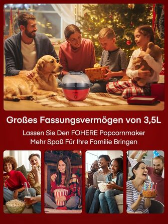 Машина для попкорну FOHERE, 3.5-літрова машина для дому, електричний попкорн-поппер з цукром та олією, антипригарне покриття, тиша та швидка, велика кришка як миска для подачі, для вечорів кіно