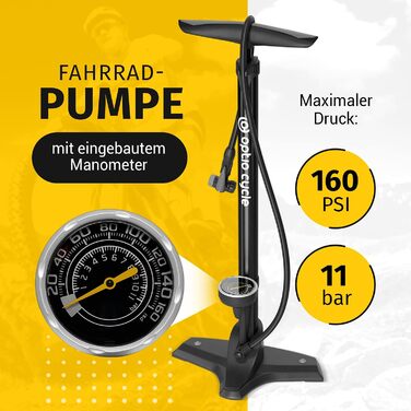 Велосипедний насос Optio Cycle, підлоговий, 61 см, 11 бар / 160 PSI, сталь/пластик, чорний