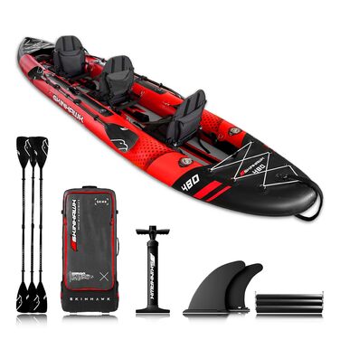 Ексклюзивний червоний набір для каяків SKINHAWK 480 - Надувний човен - Каное - 480 x 96 см - 3-місний каяк. Набір для каяків Skinhawk 480 з алюмінієвим веслом.
