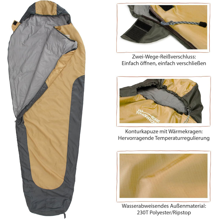 Спальний мішок Where Tomorrow Mummy, гірчично-жовтий / сірий, 220x80 см