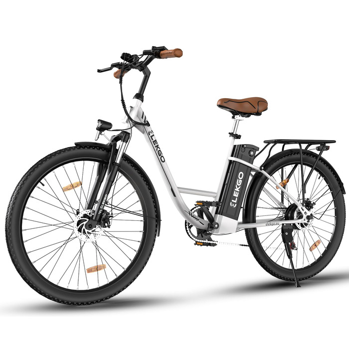 Дюймовий електричний велосипед, 7-швидкісний жіночий велосипед, міський електровелосипед, РК-дисплей, з передньою вилковою підвіскою, міський електровелосипед для чоловіків та жінок, спеціальна версія (білий колір), 28-