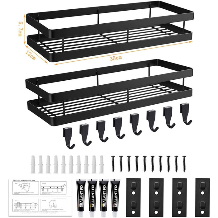 Підставка для спецій без свердління, кухонна полиця Auciej, настінна підставка для спецій, підвісна металева, 2 яруси з 8 знімними гачками, полиця для душу для кухні, ванної кімнати, балкону, 35 x 12 x 5,7 см, чорна