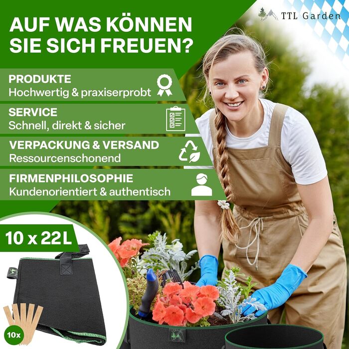 Мішки для посадки рослин TTL GARDEN 10 x 22 л з нетканого матеріалу - Набір з 10 шт. (20 л 10 22 літри) - Мішки для посадки з фетру та нетканого матеріалу 300 г/м - Контейнери для посадки на балкон, терасу, теплицю та саду - 22 літри - Набір з 10 шт. - Ун