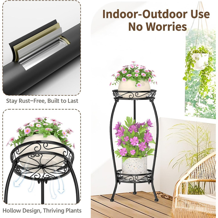 Дворівнева підставка для рослин чорного кольору для використання в приміщенні та на вулиці, для великих, високих квіткових горщиків на терасі, міцна вертикальна металева полиця для вузьких кутів підлоги, стабільний тримач-органайзер, чорний відтінок