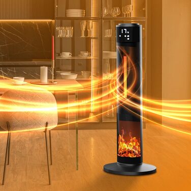 Окремостоячий обігрівач Tronitechnik вежа 1000/2000 Вт з пультом дистанційного керування, таймером, ефектом димоходу, керамічним вежевим обігрівачем, функцією коливань, TT-KH-73 - чорний