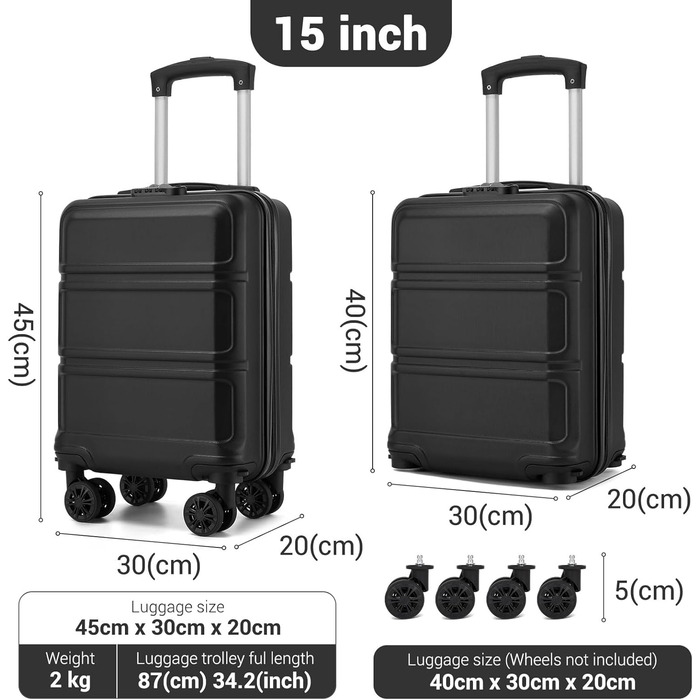 Компактний ручний багаж KONO з від'ємними колесами, 40x30x20 см (без коліс). Легкий борт-валіза з ABSPC для Ryanair, EasyJet & Eurowings (Чорний) 40x30x20 см - Ryanair Чорний