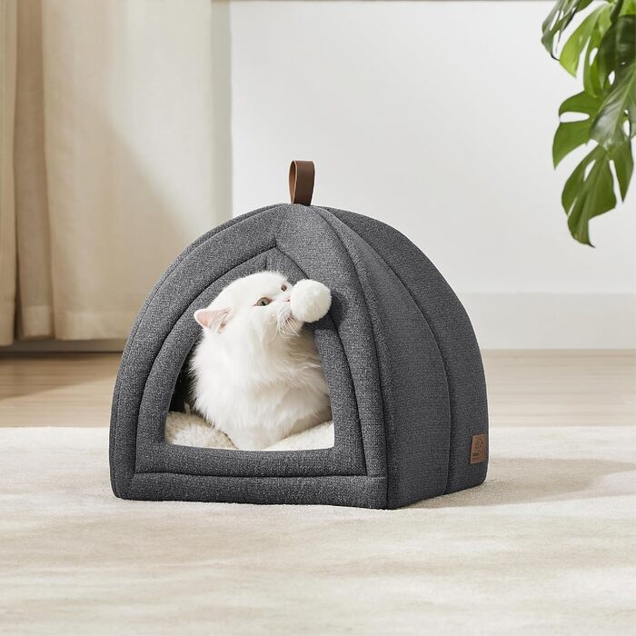 Котяче ліжко BEDSURE для великих котів, котяча печера - 40x40x40 см для приміщень зі знімною подушкою для котів шерпа та підвісною іграшкою, котяче ліжко, яке можна прати, темно-сіре