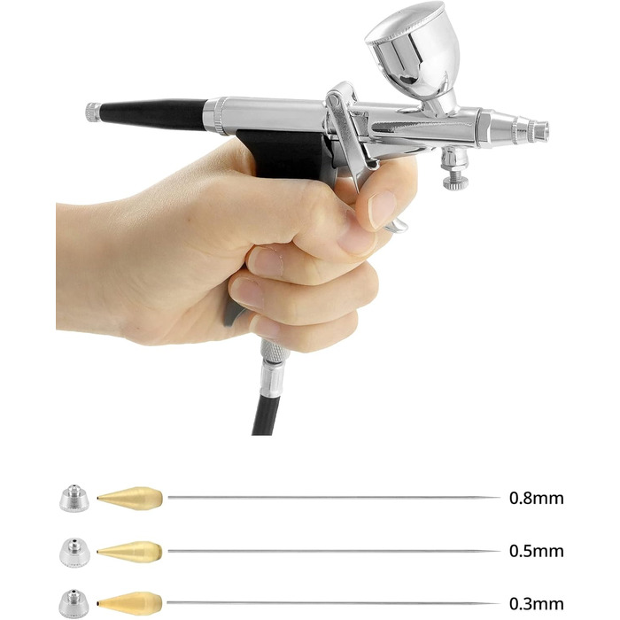 Система пістолетів для аерографії - Сопла 0,3 мм 0,5 мм 0,8 мм - Стаканчик для фарби 2 куб.см 5 куб.см 13 куб.см - Довжина шланга 1,8 м