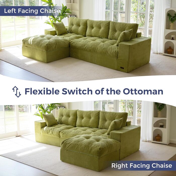 Диван MAXYOYO з функцією сну, кутовий диван L-подібної форми, вельветова тканина, 264x171 см, вельветовий диван, вітальня, розкладний диван з пуфом, універсальний, легко чиститься та підходить для домашніх тварин, не потребує складання (світло-зелений)