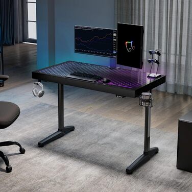 Ергономічний скляний ігровий стіл EUREKA з RGB-підсвічуванням, 110 x 60 см, скляний ігровий комп&39ютерний стіл із синхронізацією музики, керуванням за допомогою додатків, гачком для навушників та тримачем для напоїв