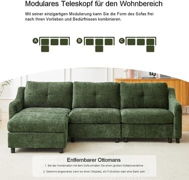 Кутовий диван JIEXI з функцією сну, вельветовий диван, L-подібний диван, кутовий диван, диван-ліжко, 251 см (темно-зелений, 3 місця 1 пуф)