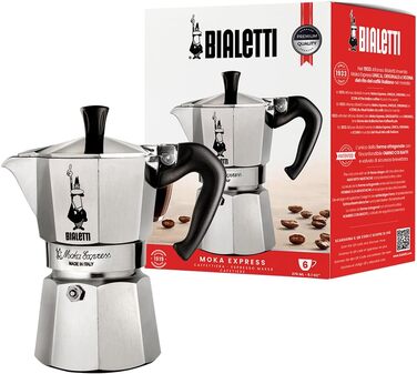 Еспресо-кавоварка Bialetti Moka Express Iconic для плити, алюміній, 270 мл, сріблястий/чорний 6 чашок