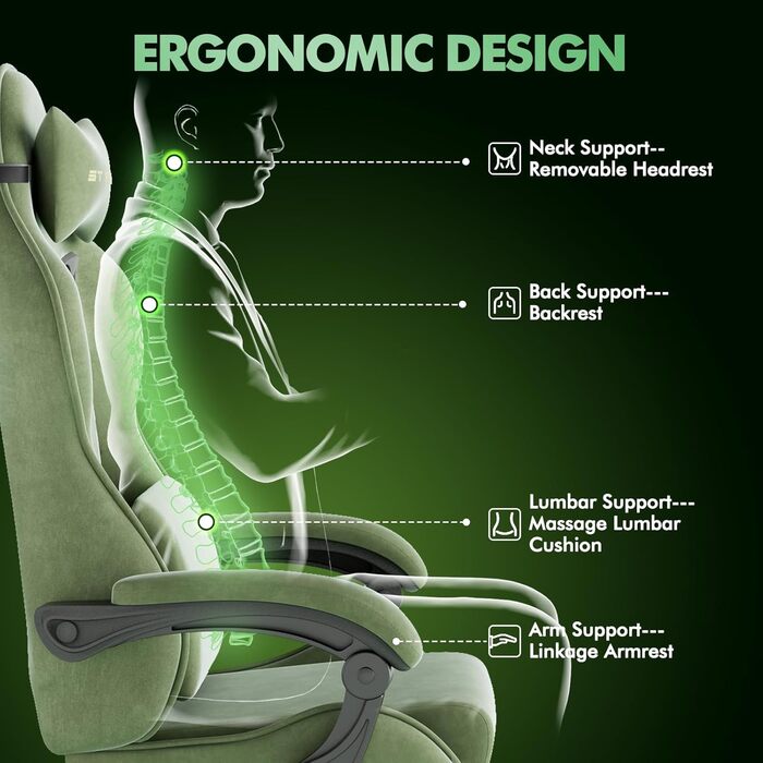 Ігрове крісло, Дихаюче та ергономічне офісне крісло з мікрофібри велюру, Комп&39ютерне крісло з регульованим підголівником та поперековою подушкою, підлокітниками, підставкою для ніг (зелене) Зелений LW200