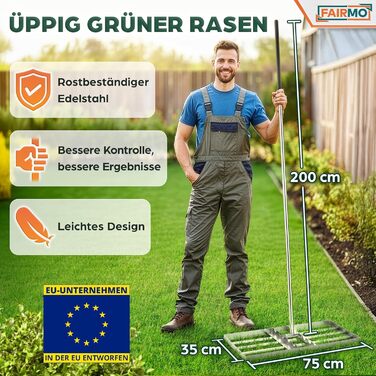 Зручний металевий рівняльник для газону (75x35 см) від Fairmo для насиченого зеленого газону - рівняльник для газону з ручкою 2 метри - інструмент для догляду за газоном з вирівнюючими зубцями - широкий граблі для піскування газону