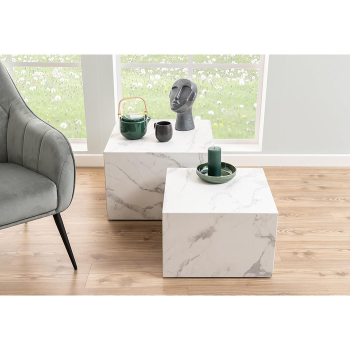 Комплект журнальних столиків AC Design Furniture Dicte Square з 2 шт. , білий з мармуровим ефектом, елегантний стіл для вітальні, приставний столик для вітальні, Ш 58 x В 40 x Г 58 см та Ш 50 x В 33 x Г 50 см