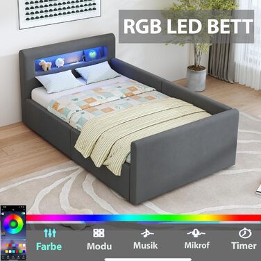 Дитяче ліжко okwish з м&39якою поверхнею, 90x200 см, дитяче ліжко з гідравлічним відділенням для зберігання, світлодіодним нічником та USB-портом, оксамитова тканина, темно-сірий колір, без матраца, темно-сірий 90 x 200 см