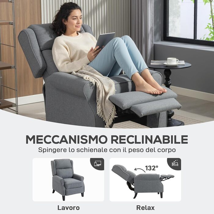 Крісло-рекламо HOMCOM 132 max з підставкою для ніг та пружинами кишенькового типу, м&39яке крісло з лляним ефектом, сталь та дерево, 74x84x102 см, сірий