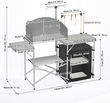 Складана кемпінгова кухня, кемпінгова шафа з алюмінію з 3 робочими поверхнями, відділенням для шафи, підставкою для світла та 4 гачками, вулична кухня, кемпінгова шафа