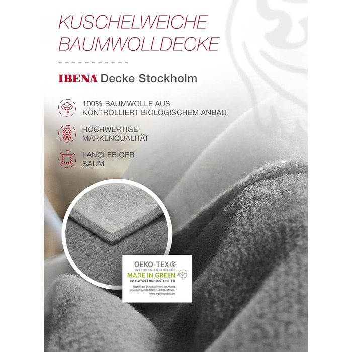 Ковдра Ibena Stockholm з органічної вовни 140x200 см - 100 бавовна, зроблено в Німеччині, бавовняна ковдра сірого кольору, світло-сіра, двоколірна 140 x 200 см сірого кольору