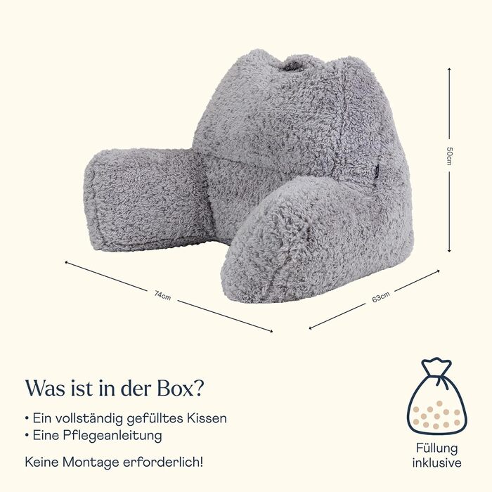 Подушка для читання Icon Teddy Bear зі спинкою, сіра, пухнаста подушка для читання з наповнювачем-мішком, підтримка спини з ручкою для перенесення, сірого кольору