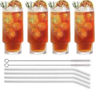 Набір рифлених келихів MUJUZE з соломинкою, 4 шт. окулярів з рифлом естетичний стек, набір окулярів Highball 310 мл, скляні чашки