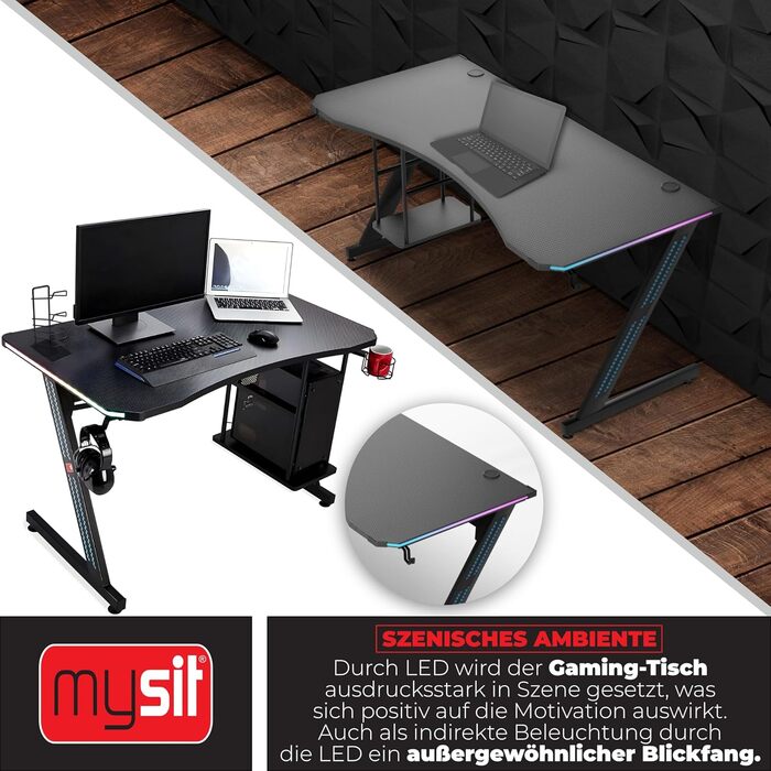 Ігровий стіл MY SIT Gizmo зі світлодіодним підсвічуванням, що змінює колір - Тримач для навушників, тримач для ПК та підсклянник - Потужне керування кабелями - Ігровий стіл/комп&39ютерний стіл чорного кольору