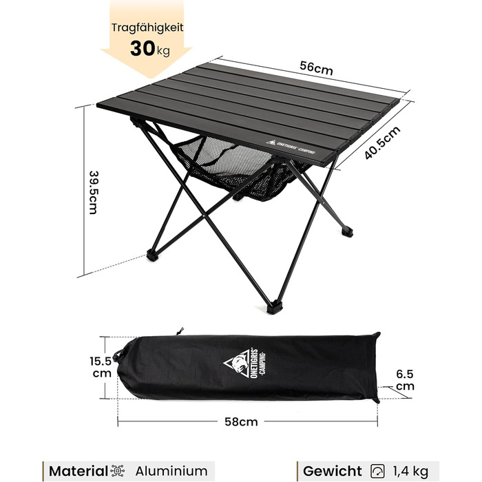 Стіл для кемпінгу OneTigris SWIFLY, алюмінієвий, складаний, маленький розкладний стіл, надлегкий портативний вуличний стіл, складний стіл, вантажопідйомність до 30 кг для використання на свіжому повітрі, для походів (56x40,5x39,5 см)