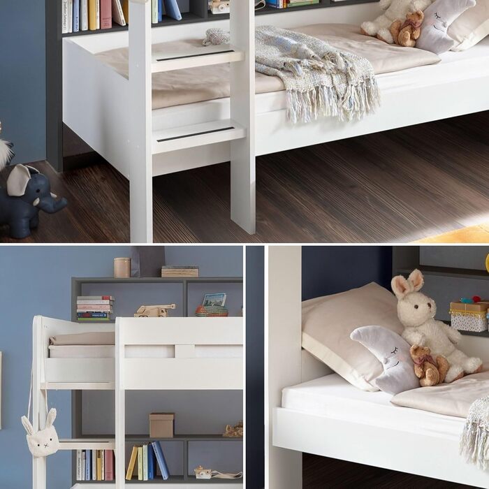 Сучасне ліжко-горище зі сходами та двома поверхнями для лежання 90 x 200 см - Компактне дитяче двоярусне ліжко білого/антрацитовог