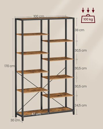 Ярусна книжкова полиця VASAGLE, окремостояча, для вітальні, ванної кімнати, кухні, коридору, легке складання, вінтажний коричнево-чорний колір LLS155B01 Рустикальний коричневий чорний, 5-
