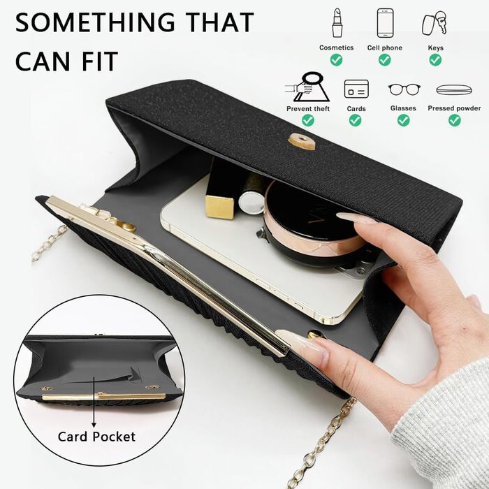Клатч жіночий блискучий, мініатюрна сумочка-конверт, елегантна вечірня сумочка для нареченої, з від'ємним ланцюжком для весілля, вечірки, випускного (Чорний)