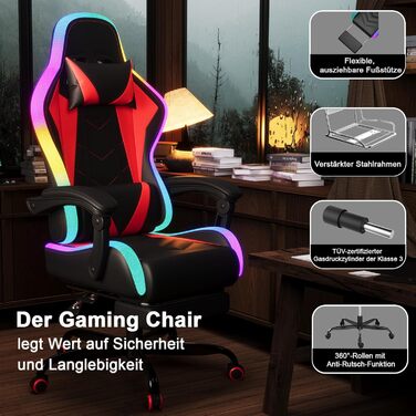 Ігрове крісло JUMMICO зі світлодіодним освітленням, круте гоночне ігрове крісло, ергономічне офісне крісло з функцією масажу, регульована спинка 90-135, з телескопічною підставкою для ніг, ігрове крісло вантажопідйомністю 150 кг, червоне