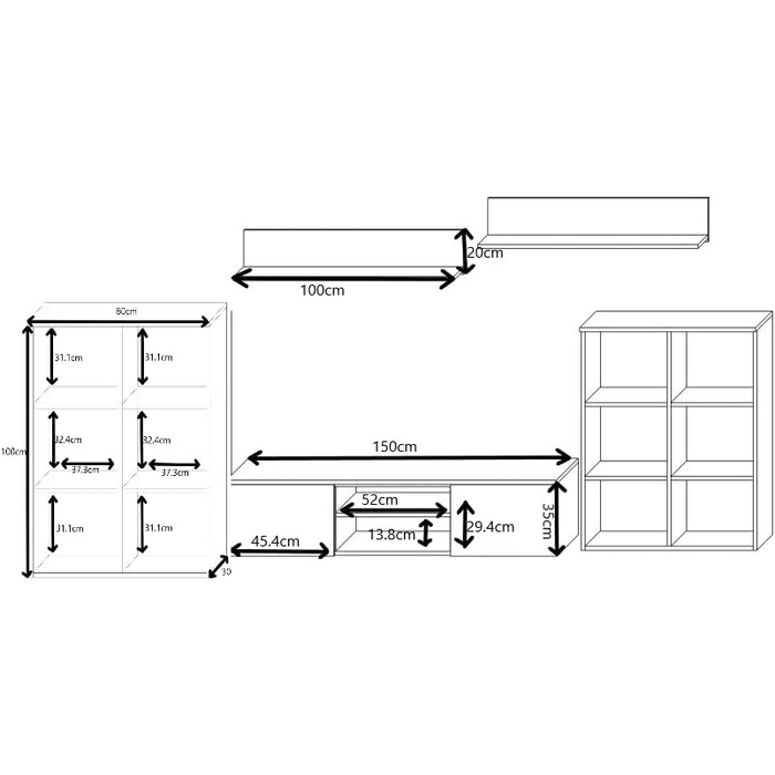 Настінна шафа для вітальні Herkules для життя, сучасна настінна шафа для вітальні, шафа для вітальні з тумбочкою під телевізор, буфетом та настінною полицею, повний комплект меблів для вітальні - Sonoma