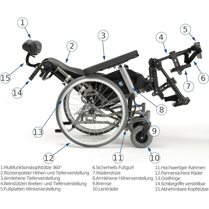 Багатофункціональне інвалідне крісло FabaCare INOVYS II з барабанним гальмом, інвалідне крісло для годування, транспортне крісло, інвалідне крісло, регулювання висоти, нахил, регулювання глибини, функція відкидання, ширина сидіння 40 см ширина сидіння 40 