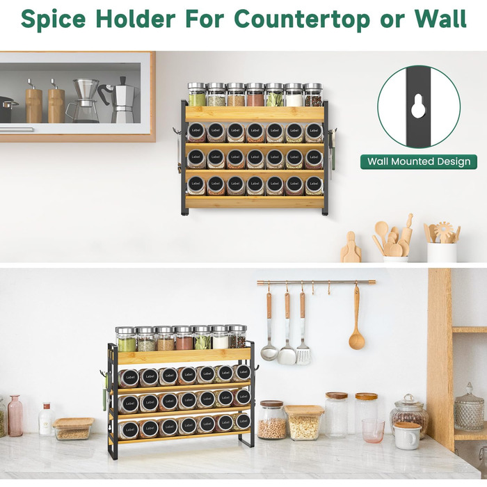 Стійка для спецій, дерев&39яний органайзер для спецій, 4-рівнева бамбукова стійка для спецій, стійка для спецій, підставка для спецій, тримач для спецій, система стійок для спецій, настінна та для кухні, комора, бамбук чорний