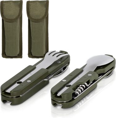 Набір столових приборів з нержавіючої сталі для кемпінгу з 6 предметів, сріблясто-зелений, 2 шт.