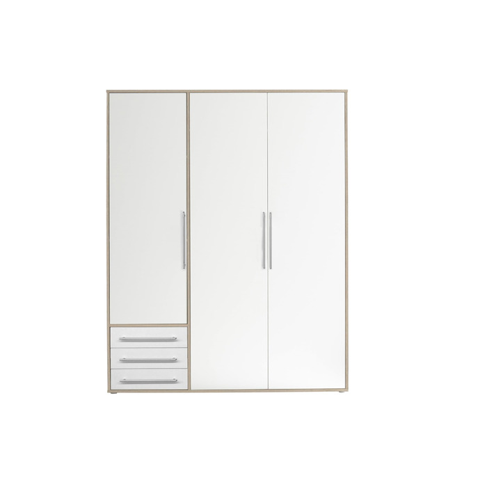 Шафа LYSS, біла з шухлядами - Універсальна 3-дверна шафа для спальні білого кольору, ефект дуба Сан-Ремо - 155 x 194 x 58 см (Ш/В/Г) Ширина 155 см Білий дуб Сан-Ремо