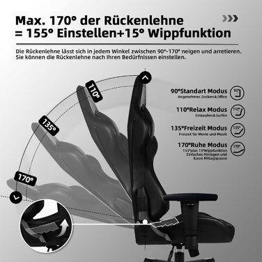 Геймерське крісло, офісне крісло з регульованою поперековою подушкою, підлокітниками та підголівником, функція гойдання ігрового крісла до 170, ігрове крісло зі зручними подушками сидіння, ігрове крісло вантажопідйомністю 150 кг
