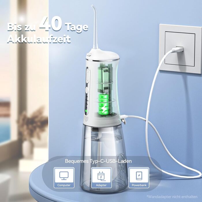 Електричний очищувач зубів Oral Irrigator JTF, іригатор для зубів і чищення язика Water Flosser 4 режими та 5 насадок, резервуар для води 300 мл і акумуляторний іригатор порожнини рота USB-C (білий)