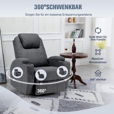 Крісло для телевізора, відкидне крісло, масажне крісло з функцією підігріву та вібрації, пульт дистанційного керування, поворот на 360, лляно-сірий колір