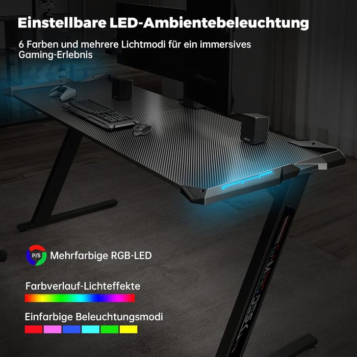 Ергономічний ігровий стіл Eureka 153 60 см, великий ігровий письмовий стіл зі світлодіодним підсвічуванням, ігровий ПК-стіл на карбоновому волокні