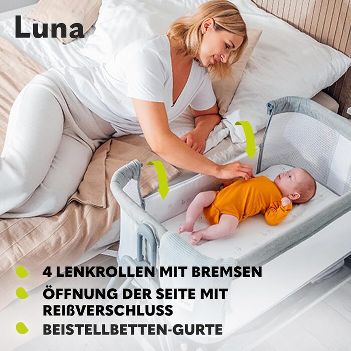 Портативне ліжечко Lionelo Luna ONE з матрацом, дорожнє ліжечко, від новонароджених до 9 кг, регульована висота та нахил, 4 колеса з гальмами, кріплення до ліжка батьків (бежевий) Бежевий одномісний