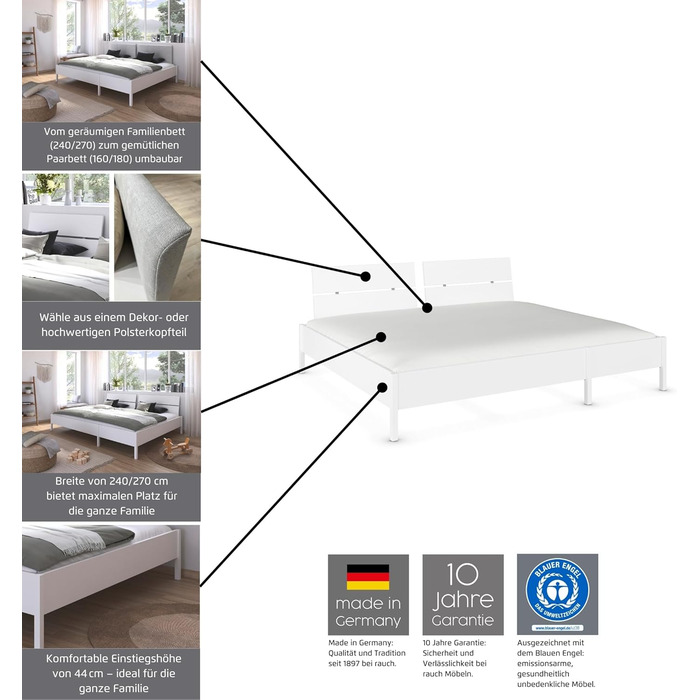 Сімейне ліжко, ліжко, багатомісне ліжко, спальна зона 270x200 см для сну з родиною, колір білий, 278x95x217 см, дерев&39яне узголів&39я 270x200 см