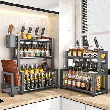 Стелаж для спецій Devesanter, 3 яруси, кухонна полиця для банок для спецій великої місткості, металевий органайзер для зберігання на стільниці з тримачем для обробної дошки, тримач для посуду, з 6 гачками, сірий, 3 яруси, металевий, сірий