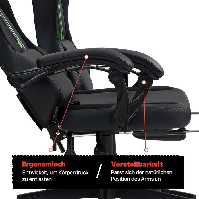 Чорно-зелене ігрове крісло - з підставкою для ніг - ергономічне - з регульованою висотою