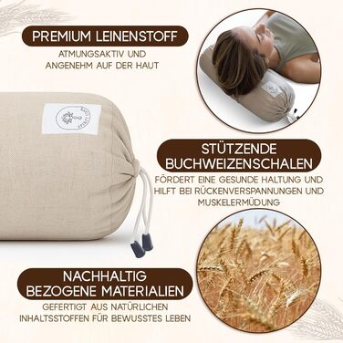 Льняний валик для йоги Spirit Love Круглий валик для йоги з органічною гречаною лушпинням Валик для шиї з чохлом, який можна прати Ідеально підходить як подушка для шиї 100 натуральний лляний круглий валик, безпечний для шкіри - 40x14 см