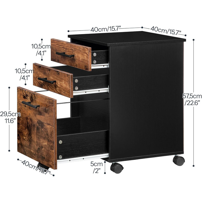 Шафа для файлів HOOBRO на колесах, шафа для документів на колесах з 3 шухлядами, мобільна офісна шафа з підвісними відділеннями для файлів, офісна, темно-коричневий та чорний EBF02WJ01G1 темно-коричневий, чорний